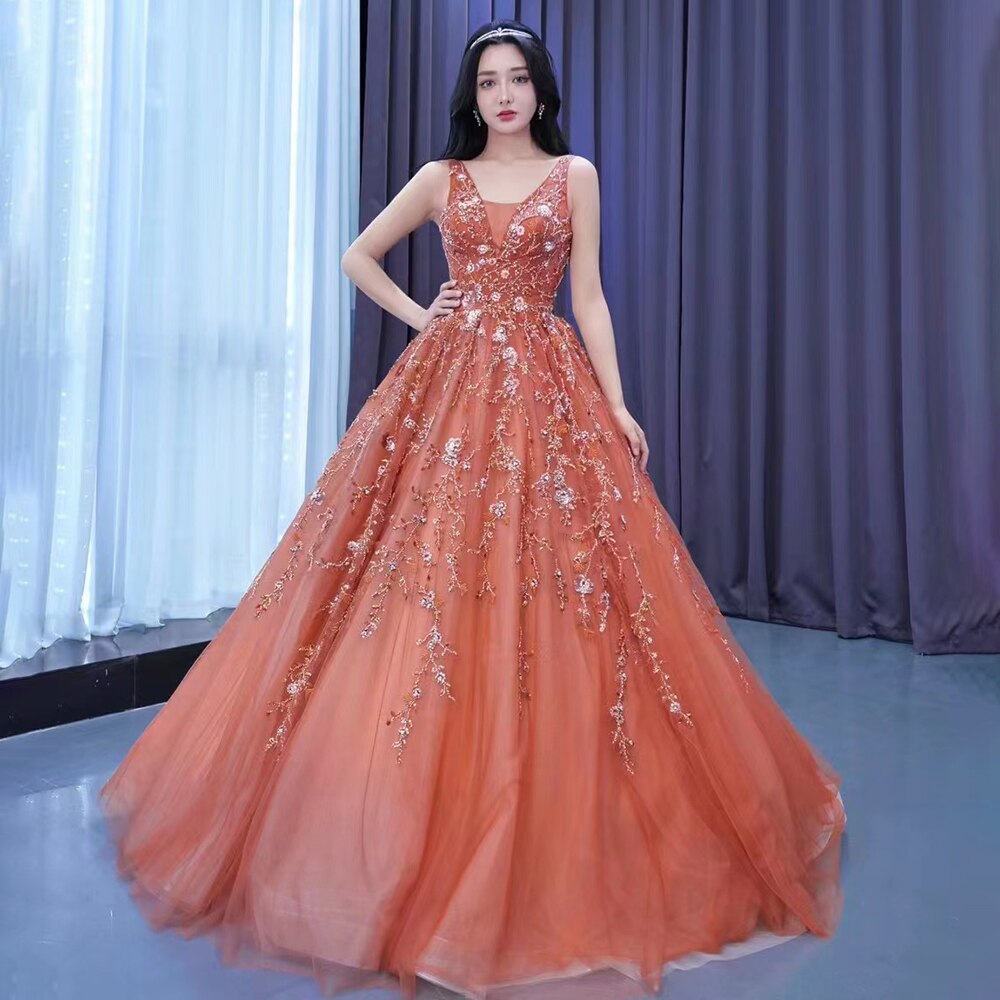 Serene Hill Sexy Sleeveless V Neck Orange Appliques Beaded Lace Up Bride Gowns Wedding Dress 2025 High End Custom Made HM222195 - SERENE HILL