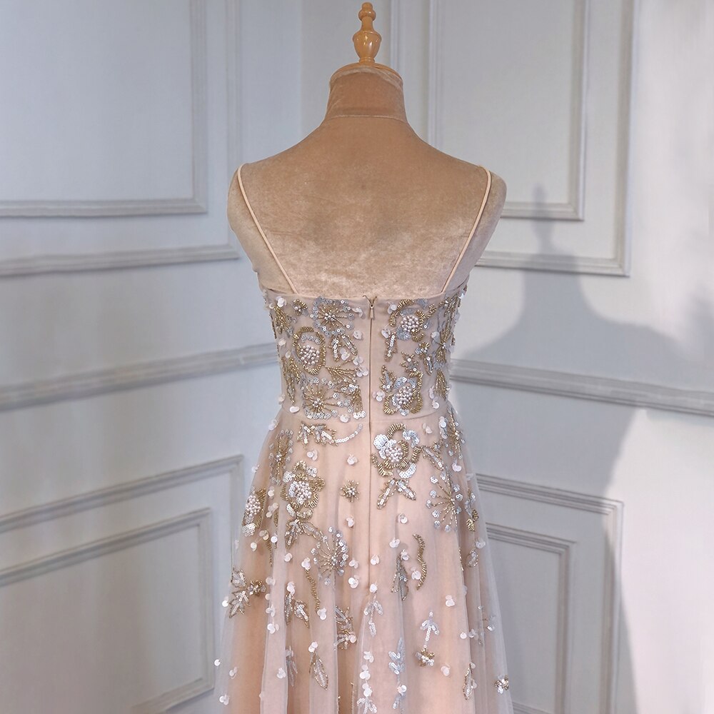 Serene Hill Sexy Spaghetti Straps Beaded Luxury Nude A Line Evening Dresses Arabic Off Shoulder Gown For Party LA71733 - SERENE HILL