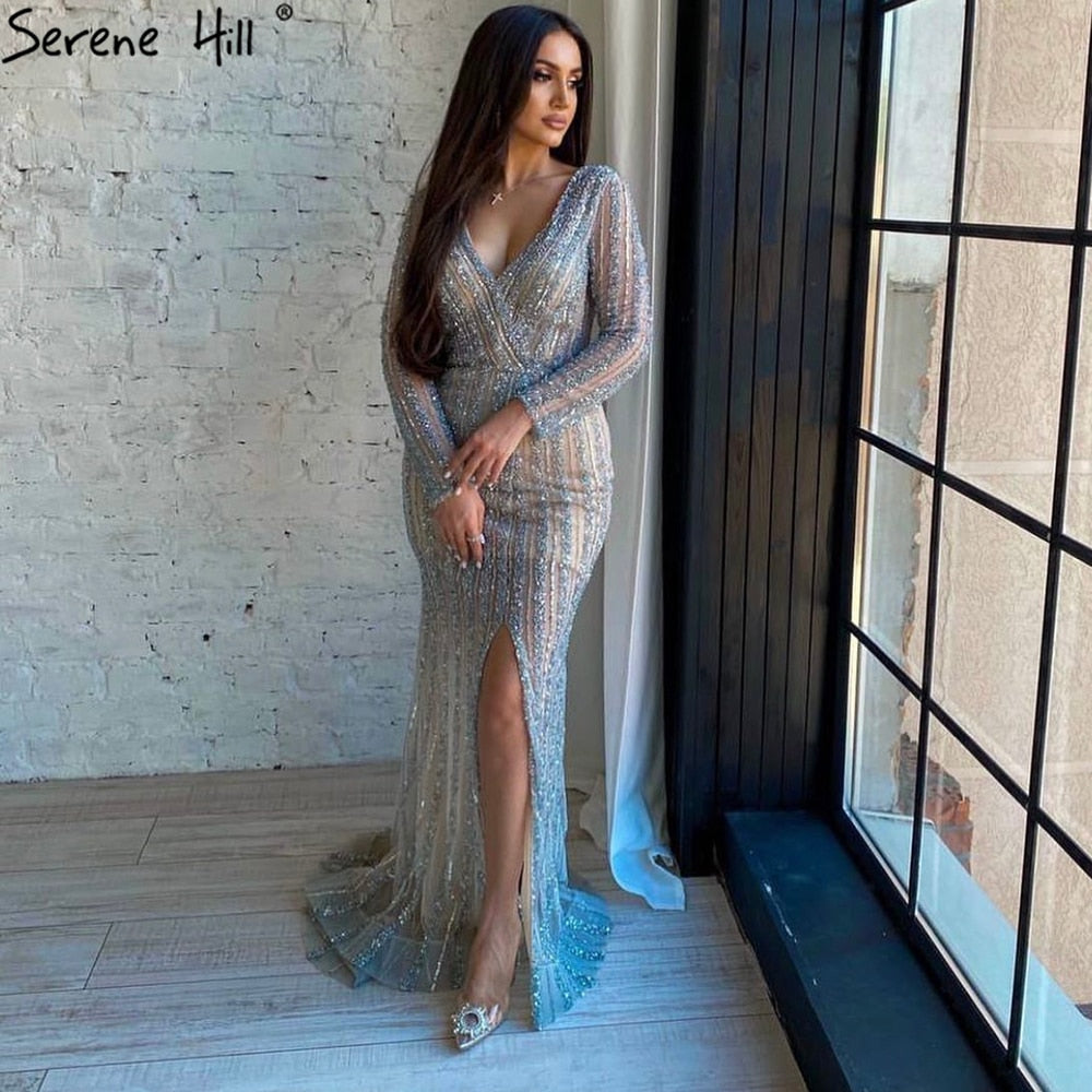 Serene Hill Silver Blue Mermaid Split Evening Dresses Gowns 2025 Beaded Elegant Luxury For Women Party LA71392 - SERENE HILL