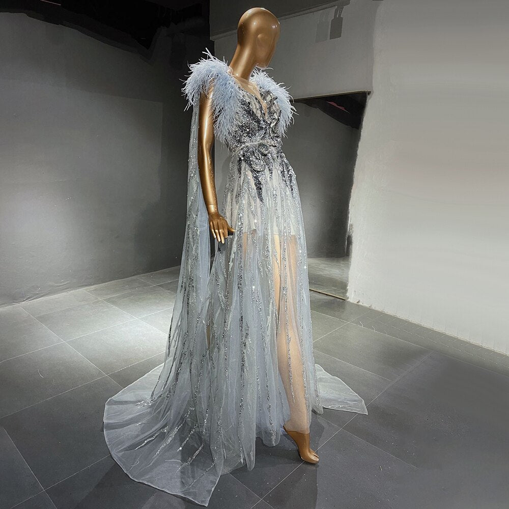 Serene Hill Silver Cape Sleeves Evening Dresses Gowns 2025 Beaded Feather A-Line Luxury For Women Party LA71546 - SERENE HILL