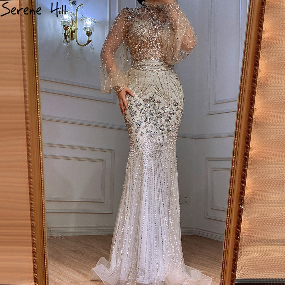 Silver Mermaid Luxury Beaded Evening Dress Gown Full Sleeves LA71036 (On Sale, No Return, No Refund) - SERENE HILL