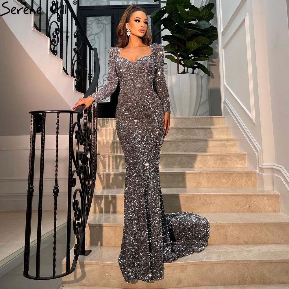 Metallic Silver Dress With Sleeves Silver Sequin Fishtail Classy Silver  Dresses Elegant Silver Evening Dresses Sexy