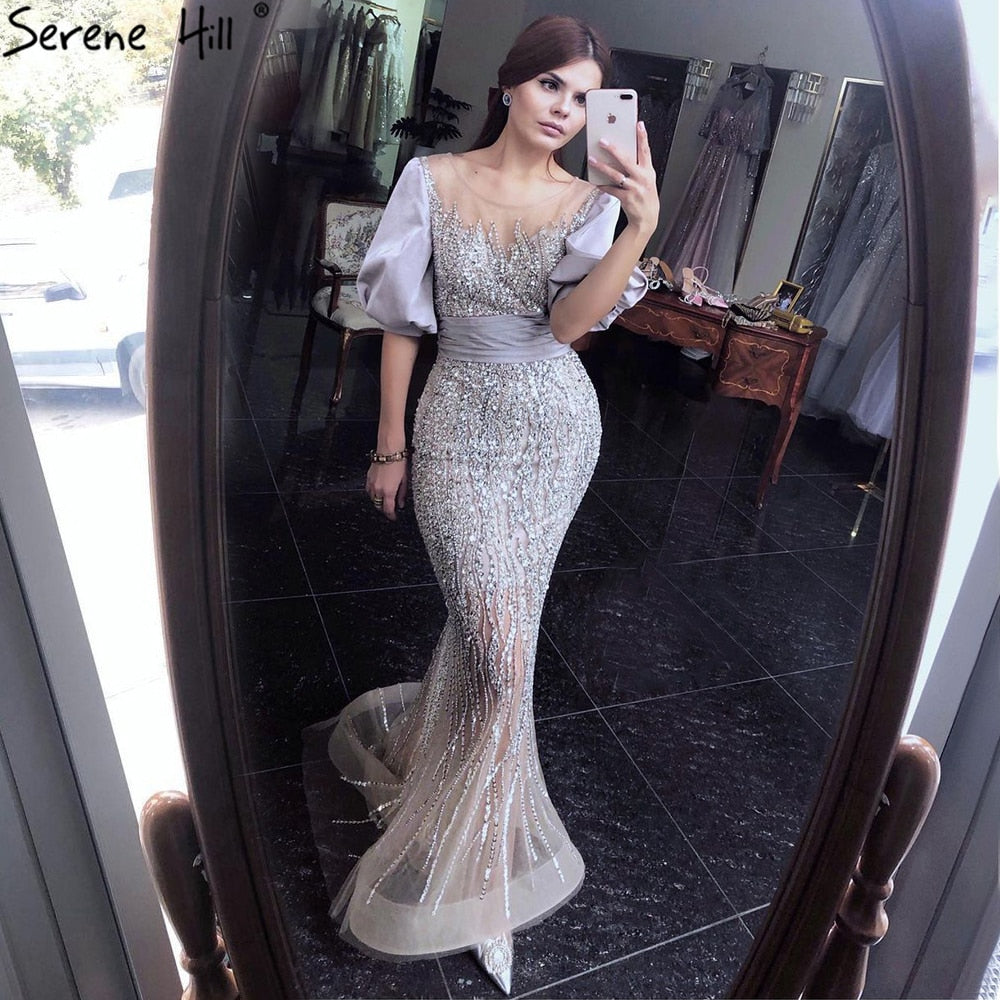 Serene Hill Silver Nude Luxury Mermaid Beading Evening Dresses Gowns Puffy Sleeves Elegant For Women Party LA70809 - SERENE HILL