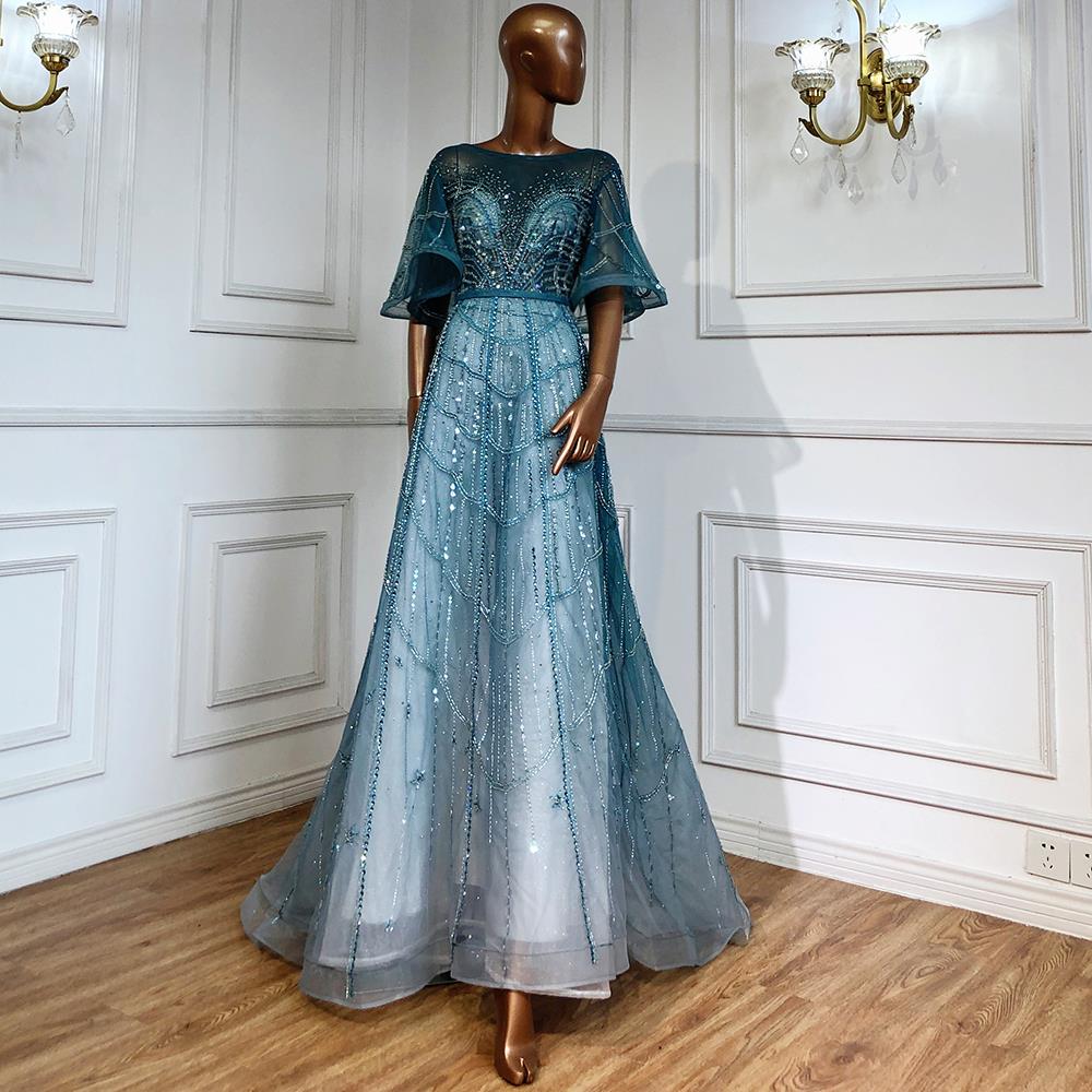 Serene Hill Turquoise Long Flare Sleeves Evening Dresses Gowns 2025 A-Line Luxury Beaded For Women Party LA70822 - SERENE HILL