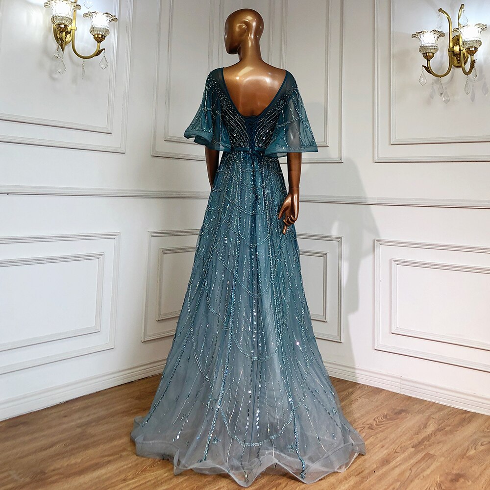 Serene Hill Turquoise Long Flare Sleeves Evening Dresses Gowns 2025 A-Line Luxury Beaded For Women Party LA70822 - SERENE HILL