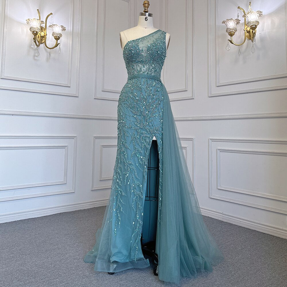 Serene Hill Turquoise Mermaid Elegant With Skirt Sexy High Split Evening Dresses Gowns Luxury Beaded Crystal 2025 Women LA71582A - SERENE HILL