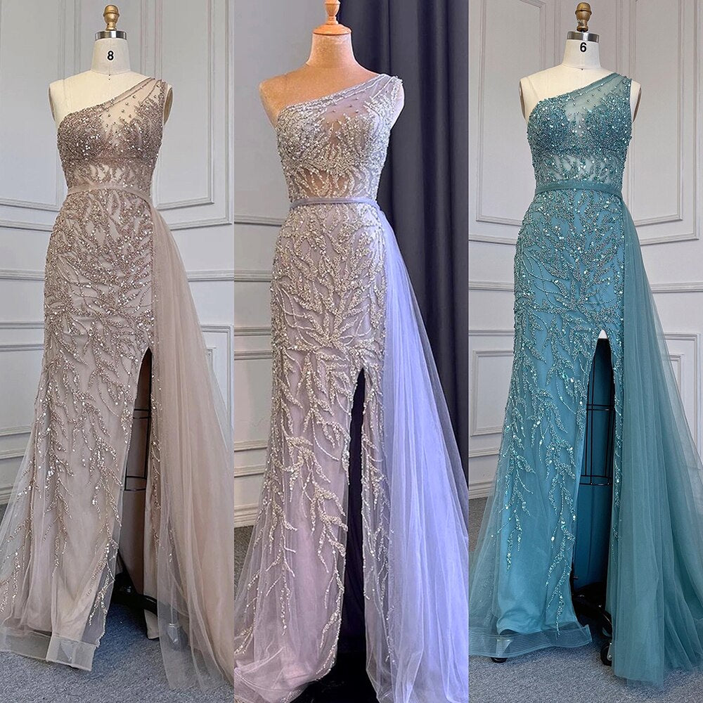 Serene Hill Turquoise Mermaid Elegant With Skirt Sexy High Split Evening Dresses Gowns Luxury Beaded Crystal 2025 Women LA71582A - SERENE HILL