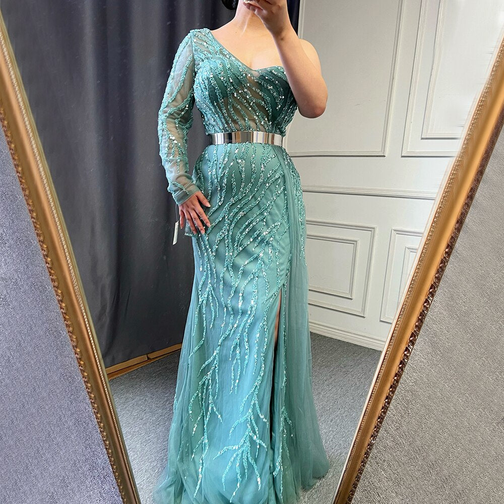 Serene Hill Turquoise Mermaid High Split Evening Dresses Gowns Sexy One-Shoulder Beaded Overskirt 2025 For Women Party LA71520 - SERENE HILL