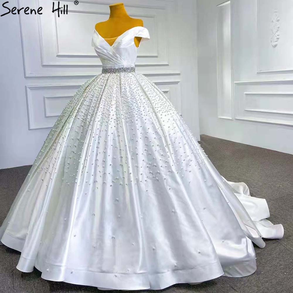 Serene Hill White Beaded Crystal Wedding Dresses 2025 Satin Luxury Sweetheart Bride Gowns HM67422 Custom Made - SERENE HILL