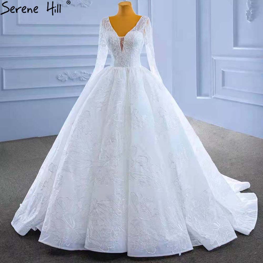 Serene Hill White Beaded Lace Wedding Dresses 2025 V-neck Lace Up Sexy Bride Gowns HM67364 Custom Made - SERENE HILL