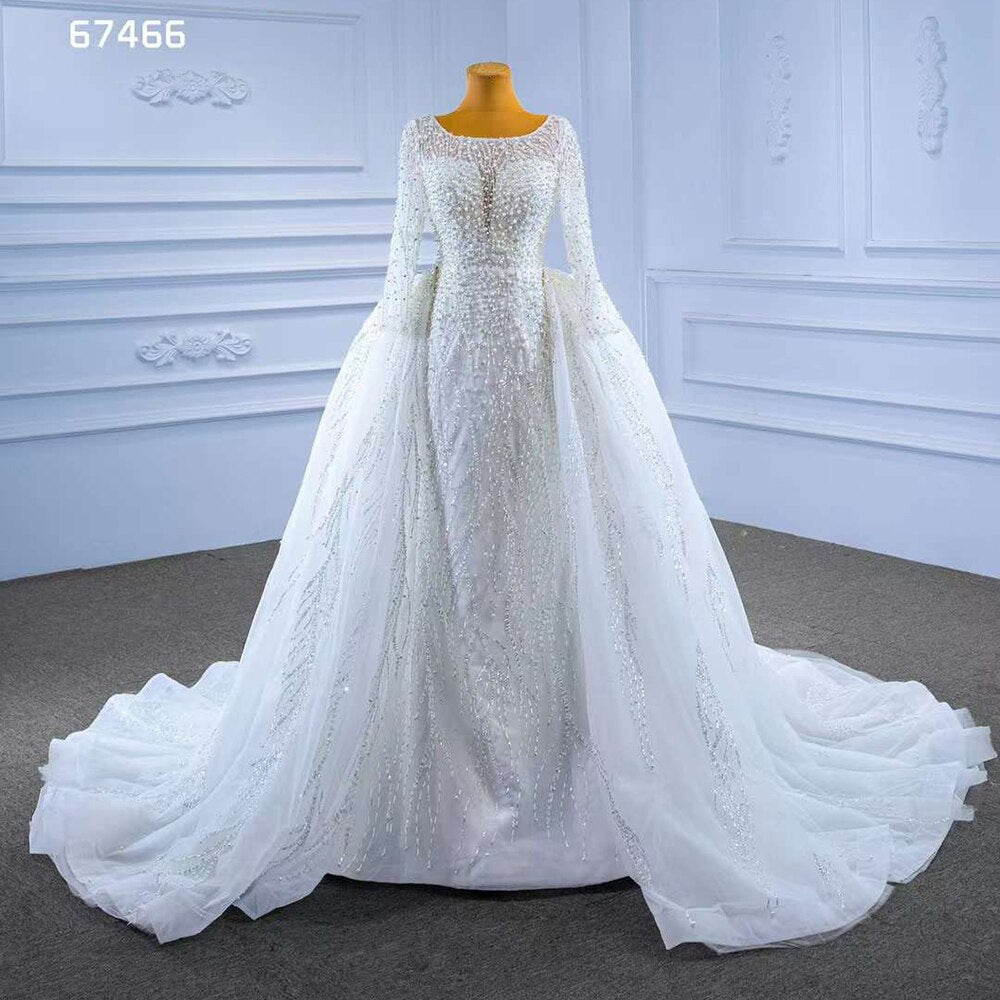 Serene Hill White Detachable Train Mermaid Pearls Beaded Lace Up Bride Gowns Wedding Dress 2025 High End Custom Made HM67466 - SERENE HILL