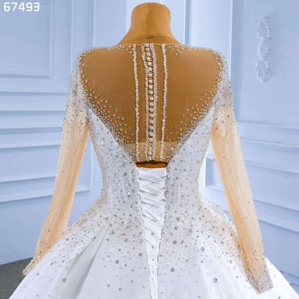 Serene Hill White High End Luxury Beaded Long Sleeves Lace Up Bride Gowns Wedding Dress 2025 Custom Made HM67493 - SERENE HILL