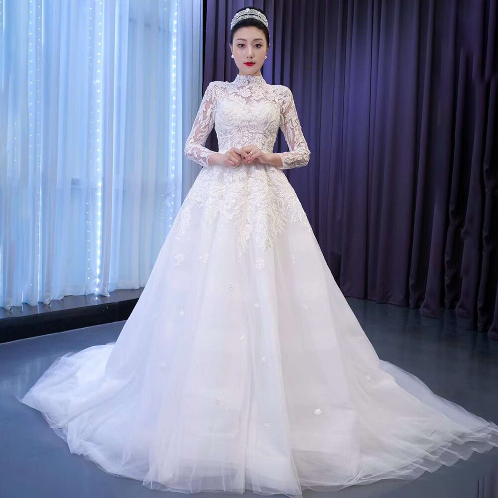 Serene Hill White High End Luxury Lace Beaded High Neck Long Sleeves Lace Up Bride Gowns Wedding Dress 2025 Custom Made HM67486 - SERENE HILL