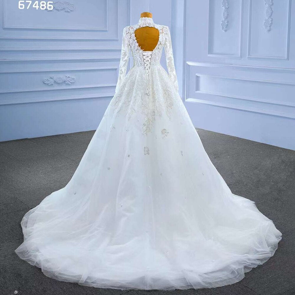 Serene Hill White High End Luxury Lace Beaded High Neck Long Sleeves Lace Up Bride Gowns Wedding Dress 2025 Custom Made HM67486 - SERENE HILL