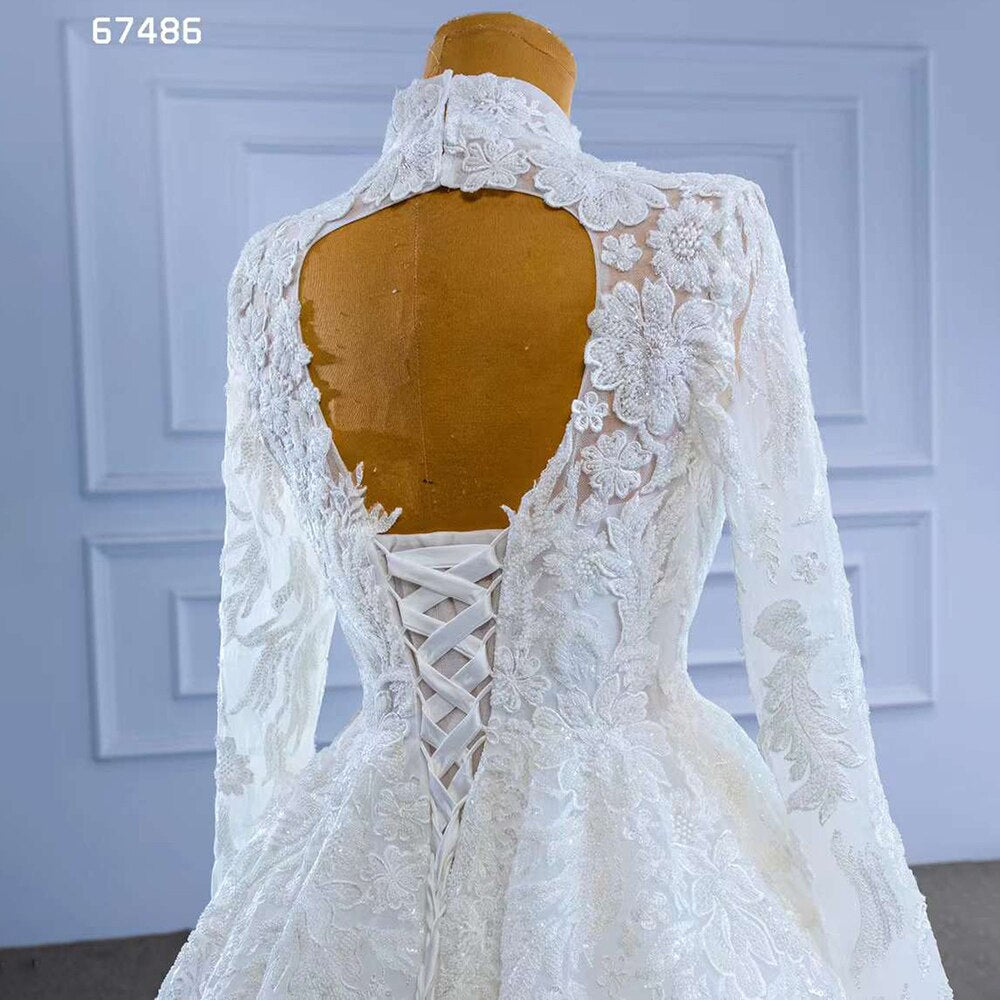 Serene Hill White High End Luxury Lace Beaded High Neck Long Sleeves Lace Up Bride Gowns Wedding Dress 2025 Custom Made HM67486 - SERENE HILL