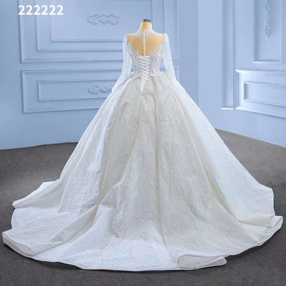 Serene Hill White High End Luxury Lace Beaded Long Sleeves O Neck Bride Gowns Wedding Dress 2025 Custom Made HM222222 - SERENE HILL
