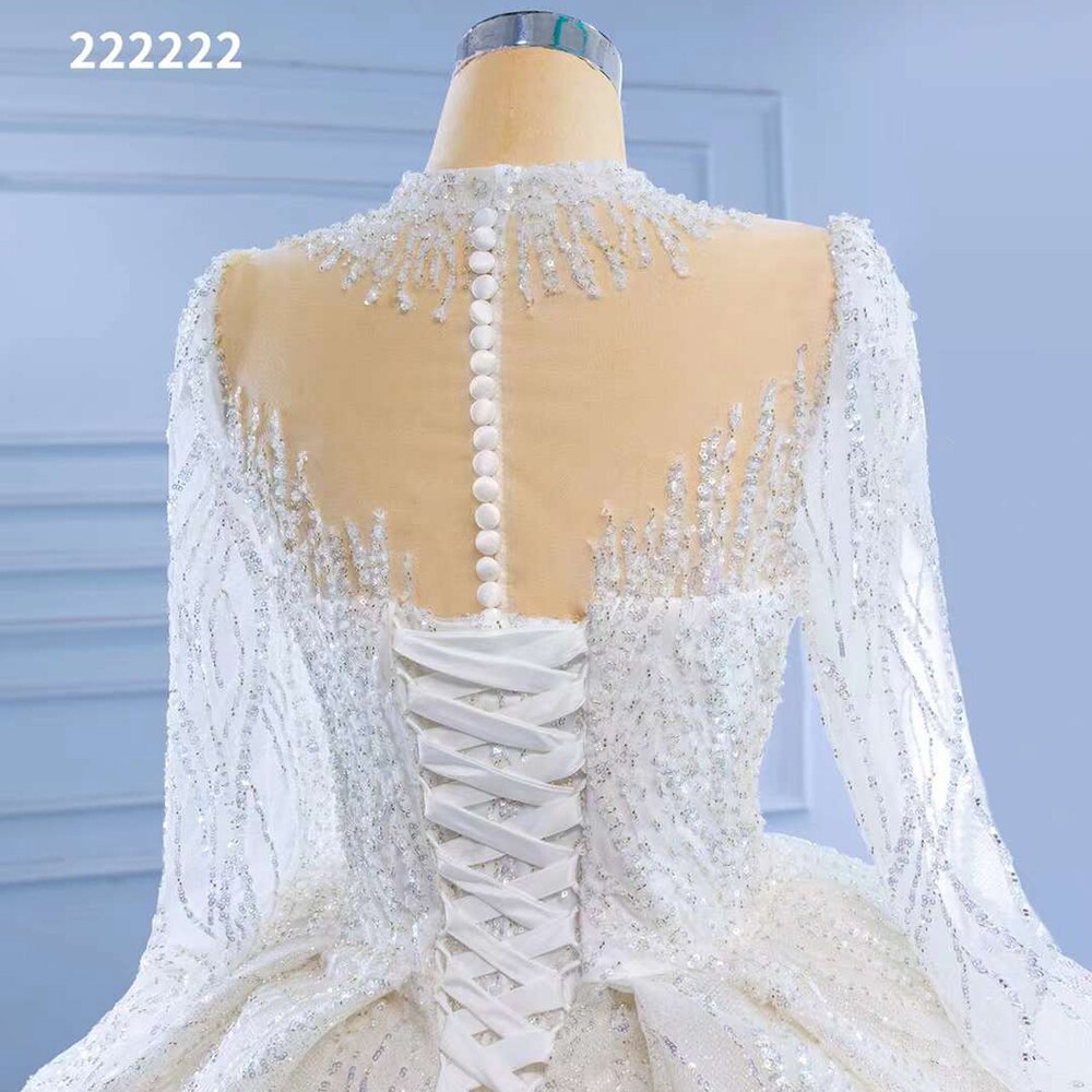 Serene Hill White High End Luxury Lace Beaded Long Sleeves O Neck Bride Gowns Wedding Dress 2025 Custom Made HM222222 - SERENE HILL