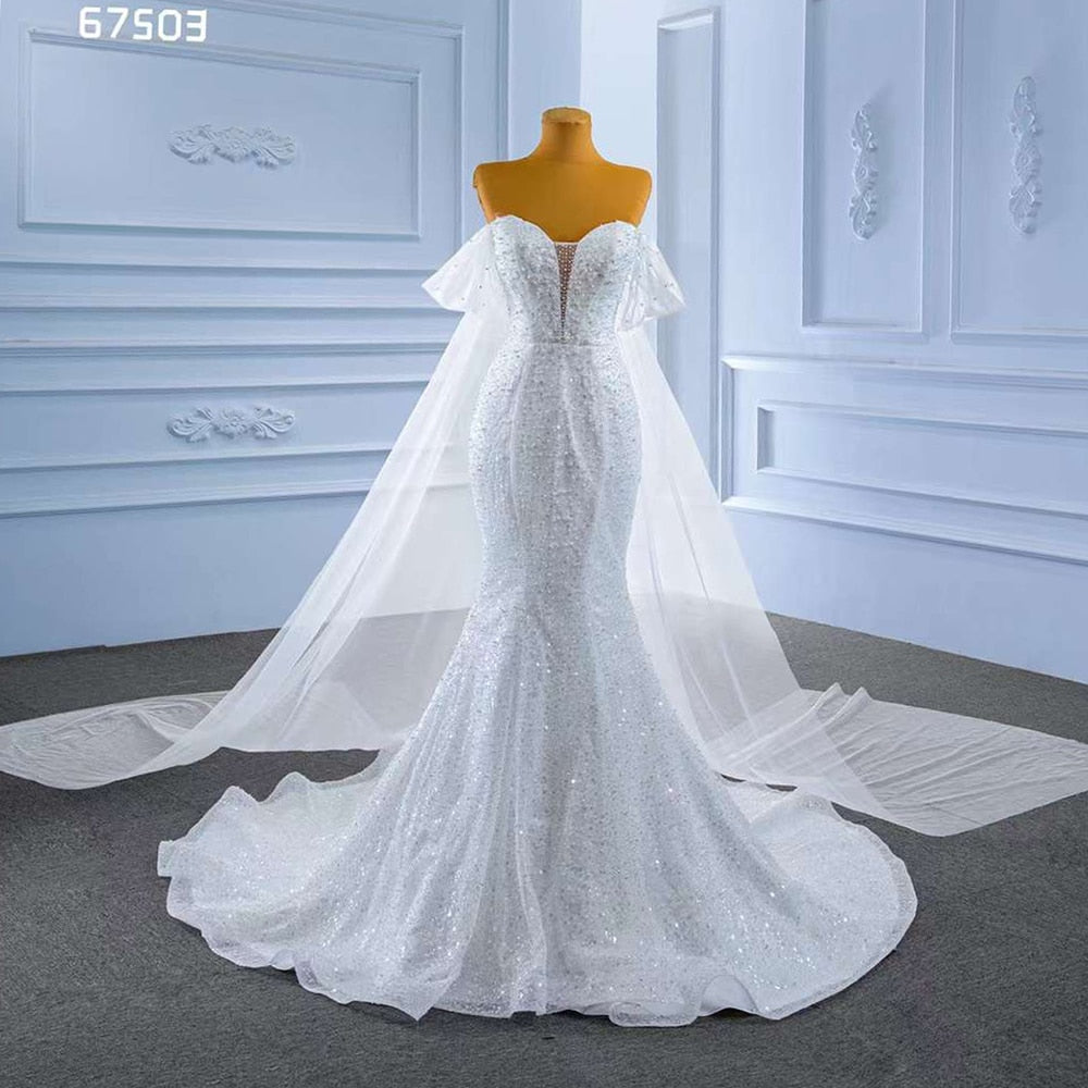Serene Hill White Elegant Mermaid Luxury Pearls Beaded Lace Up Wedding Dress 2025 High End Custom Made HM67503 - SERENE HILL