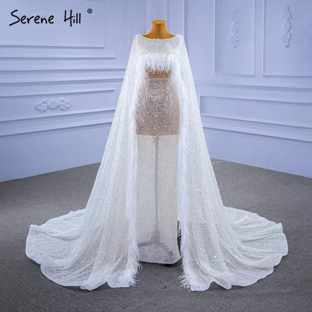 Serene Hill White High-end Luxury Evening Dresses Gowns 2025 Beaded Feather Cape Sleeve For Women Party HM67305 - SERENE HILL