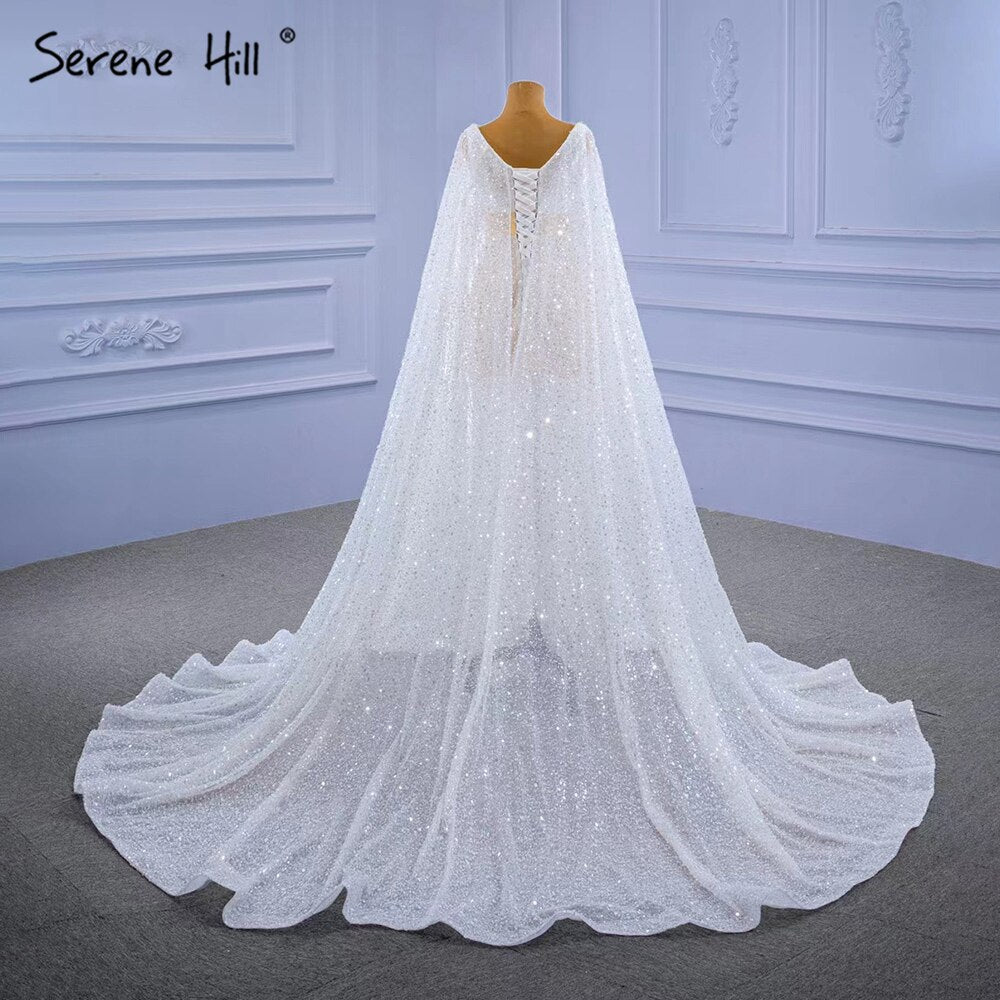 Serene Hill White High-end Luxury Evening Dresses Gowns 2025 Beaded Feather Cape Sleeve For Women Party HM67305 - SERENE HILL