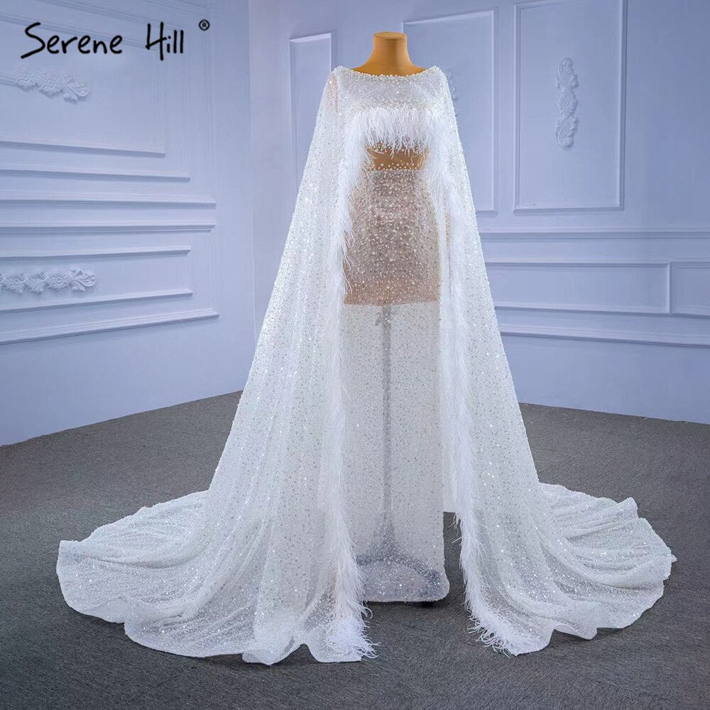 Serene Hill White High-end Luxury Evening Dresses Gowns 2025 Beaded Feather Cape Sleeve For Women Party HM67305 - SERENE HILL