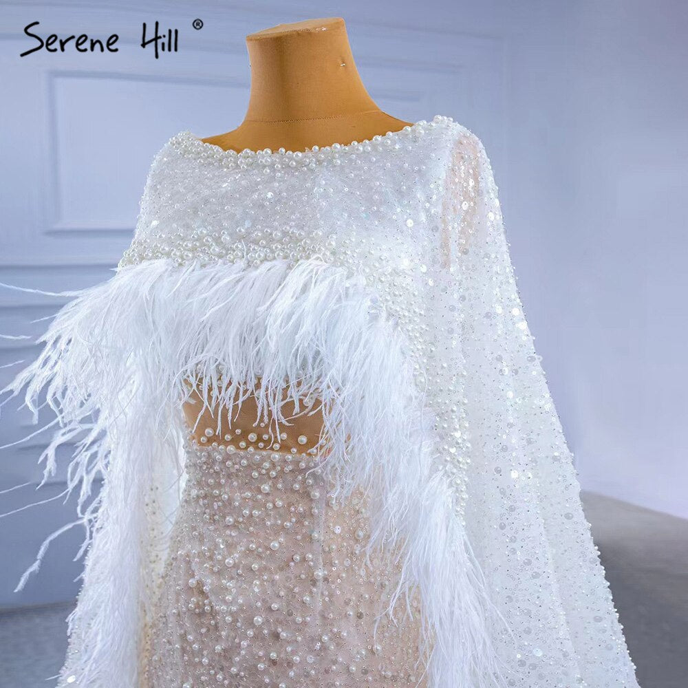 Serene Hill White High-end Luxury Evening Dresses Gowns 2025 Beaded Feather Cape Sleeve For Women Party HM67305 - SERENE HILL