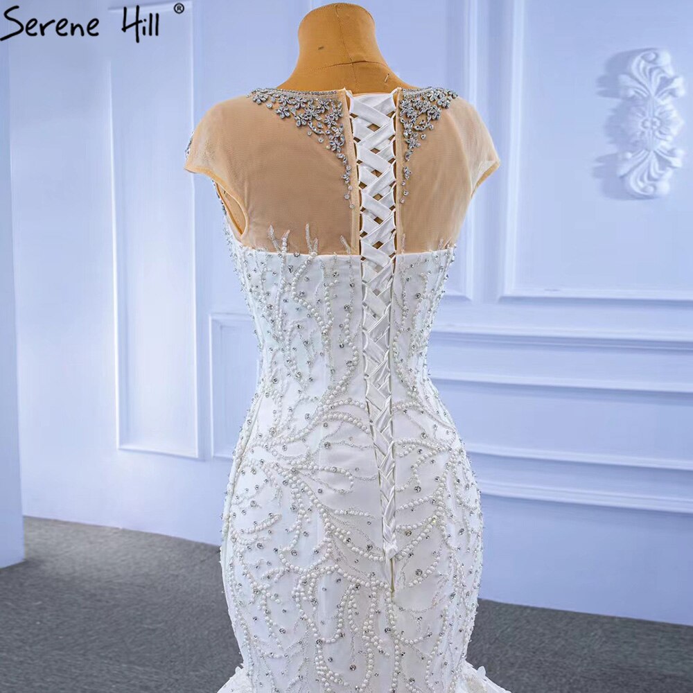 Serene Hill White Luxury Elegant Mermaid Wedding Dresses 2025 Beaded Diamond Cap Sleeves Bride Gowns HM67296 Custom Made - SERENE HILL