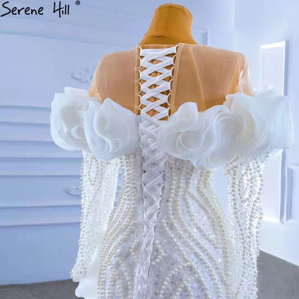 Serene Hill White Luxury Ruffles Wedding Dresses Gowns 2025 Mermaid Beaded Pearls Elegant Bridal Dress HM67418 - SERENE HILL