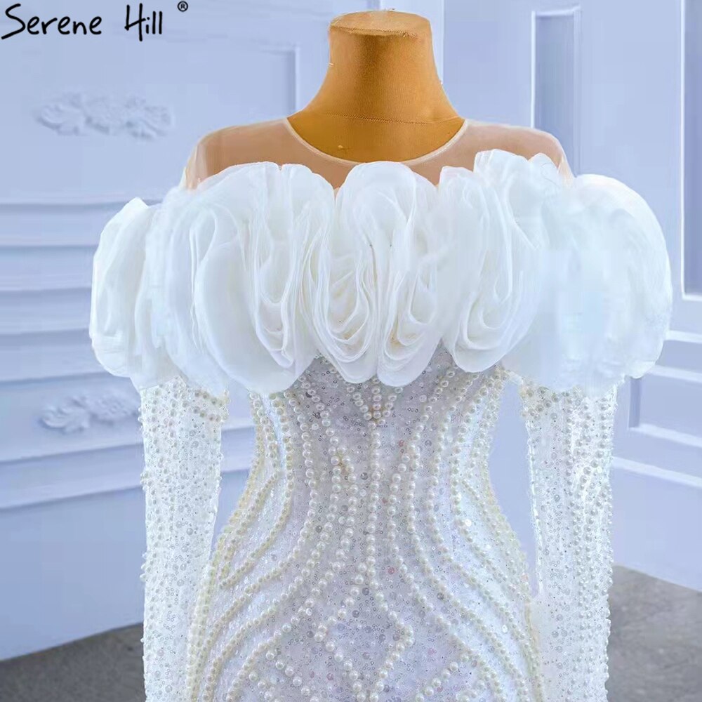 Serene Hill White Luxury Ruffles Wedding Dresses Gowns 2025 Mermaid Beaded Pearls Elegant Bridal Dress HM67418 - SERENE HILL