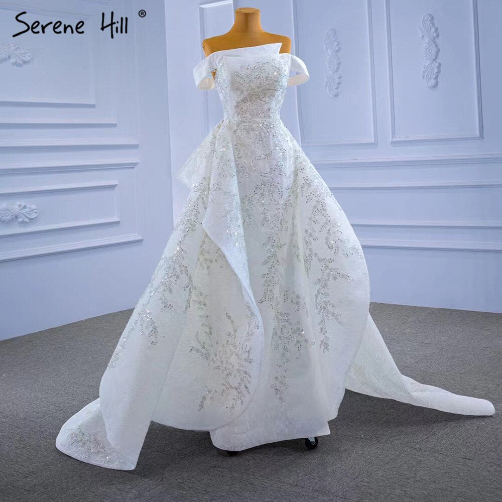 Serene Hill White Mermaid Overskirt Evening Dresses Gowns 2025 Beaded Elegant Luxury For Women Party HM67336 - SERENE HILL