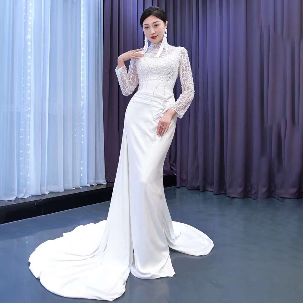 Serene Hill White Mermaid Satin Long Sleeves Lace Beaded Lace Up Bride Gowns Wedding Dress 2025 High End Custom Made HM67457 - SERENE HILL