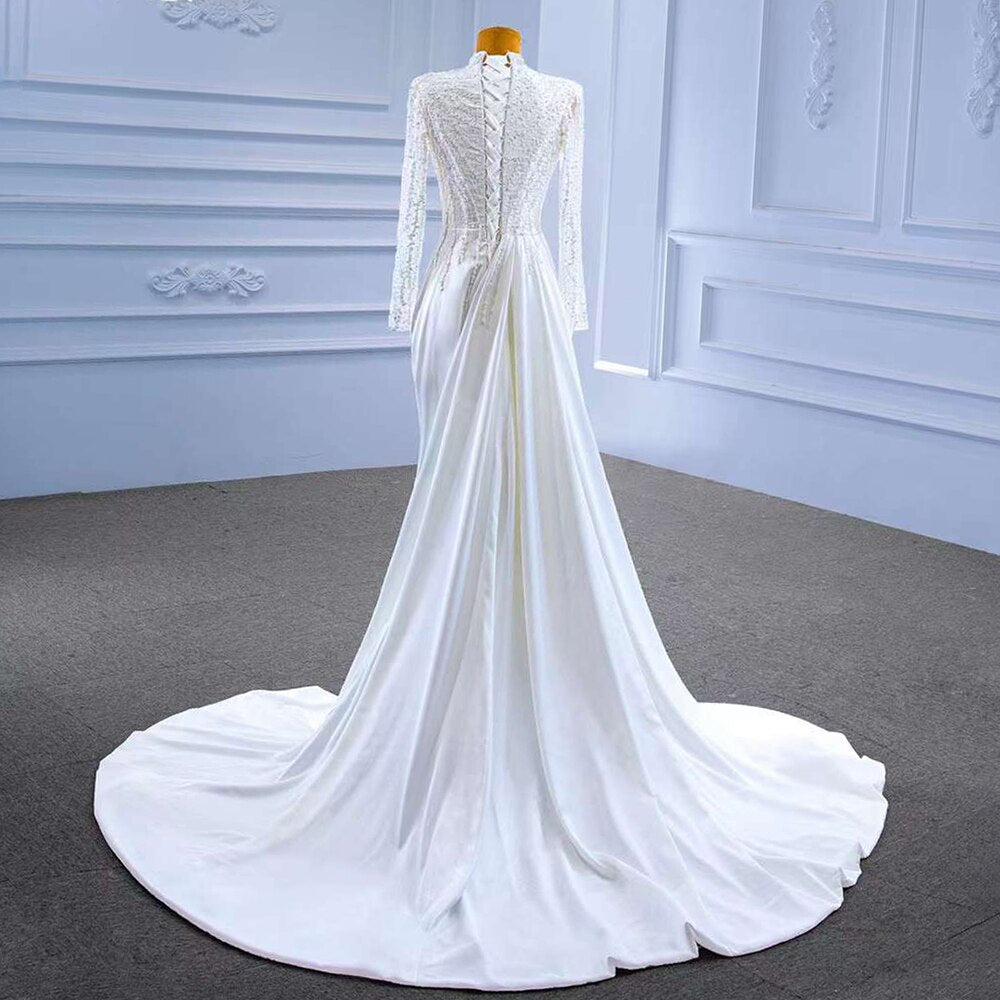 Serene Hill White Mermaid Satin Long Sleeves Lace Beaded Lace Up Bride Gowns Wedding Dress 2025 High End Custom Made HM67457 - SERENE HILL