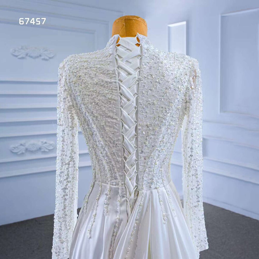 Serene Hill White Mermaid Satin Long Sleeves Lace Beaded Lace Up Bride Gowns Wedding Dress 2025 High End Custom Made HM67457 - SERENE HILL