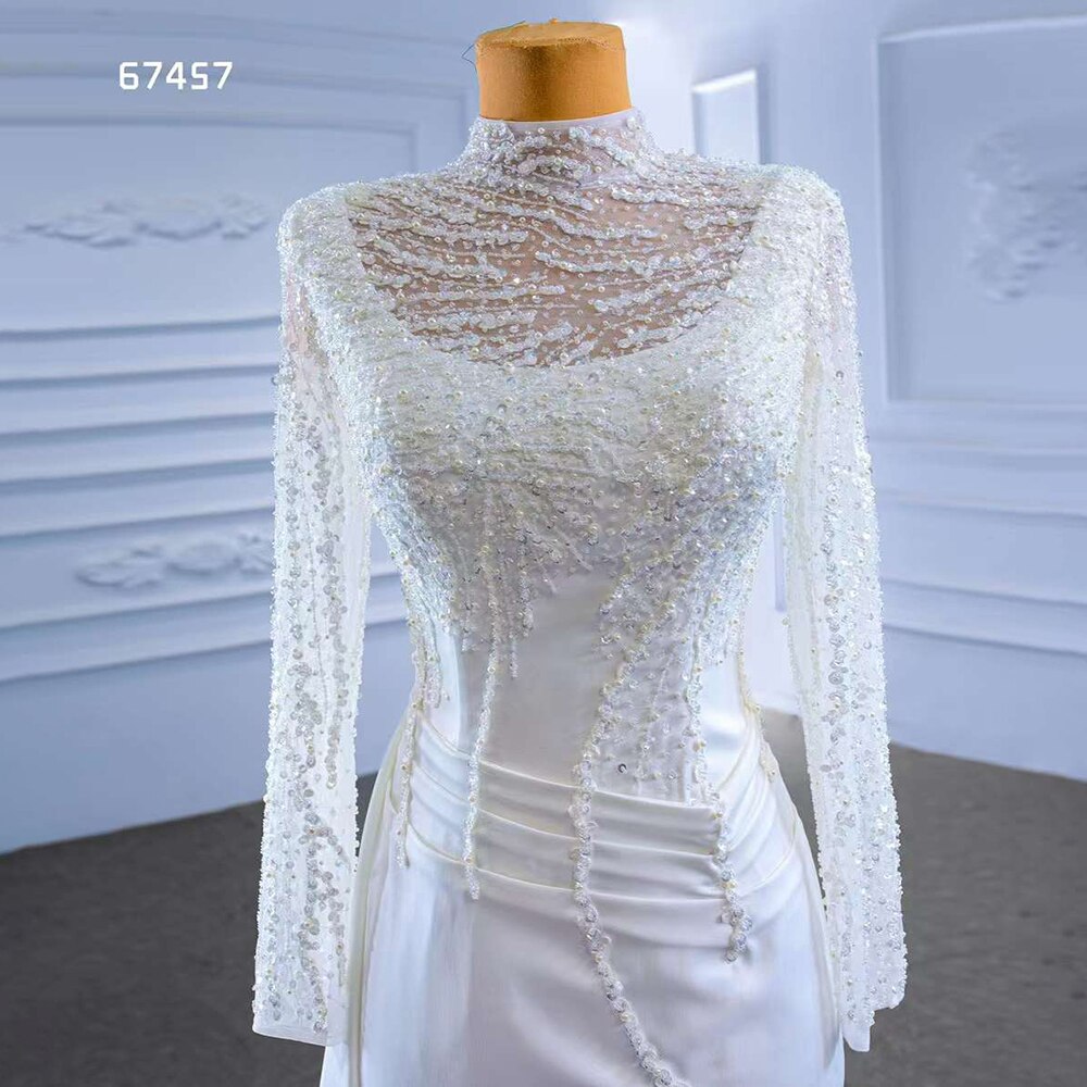 Serene Hill White Mermaid Satin Long Sleeves Lace Beaded Lace Up Bride Gowns Wedding Dress 2025 High End Custom Made HM67457 - SERENE HILL