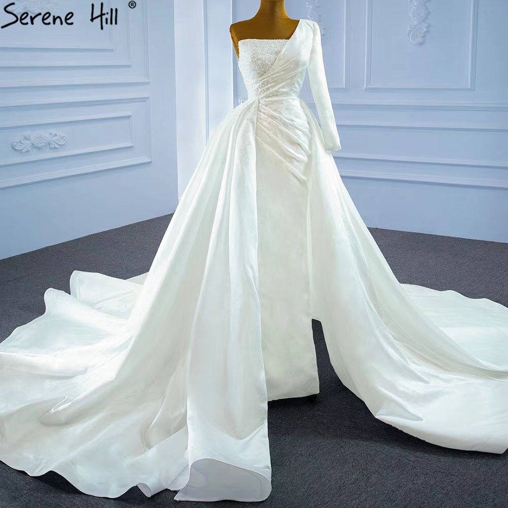 Serene Hill White Mermaid Satin Wedding Dresses 2025 Beaded Pearls Overskirt Sexy Bridal Dress HM67244 Custom Made - SERENE HILL