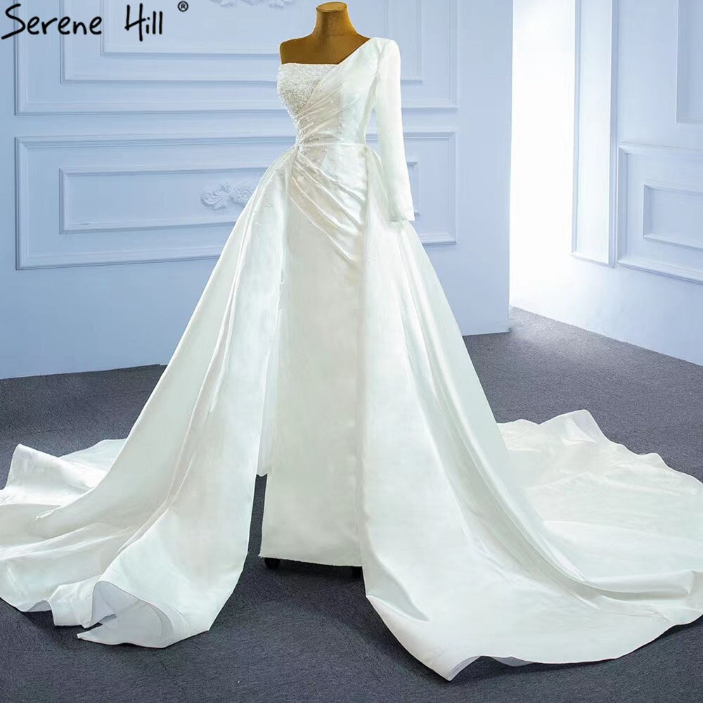 Serene Hill White Mermaid Satin Wedding Dresses 2025 Beaded Pearls Overskirt Sexy Bridal Dress HM67244 Custom Made - SERENE HILL