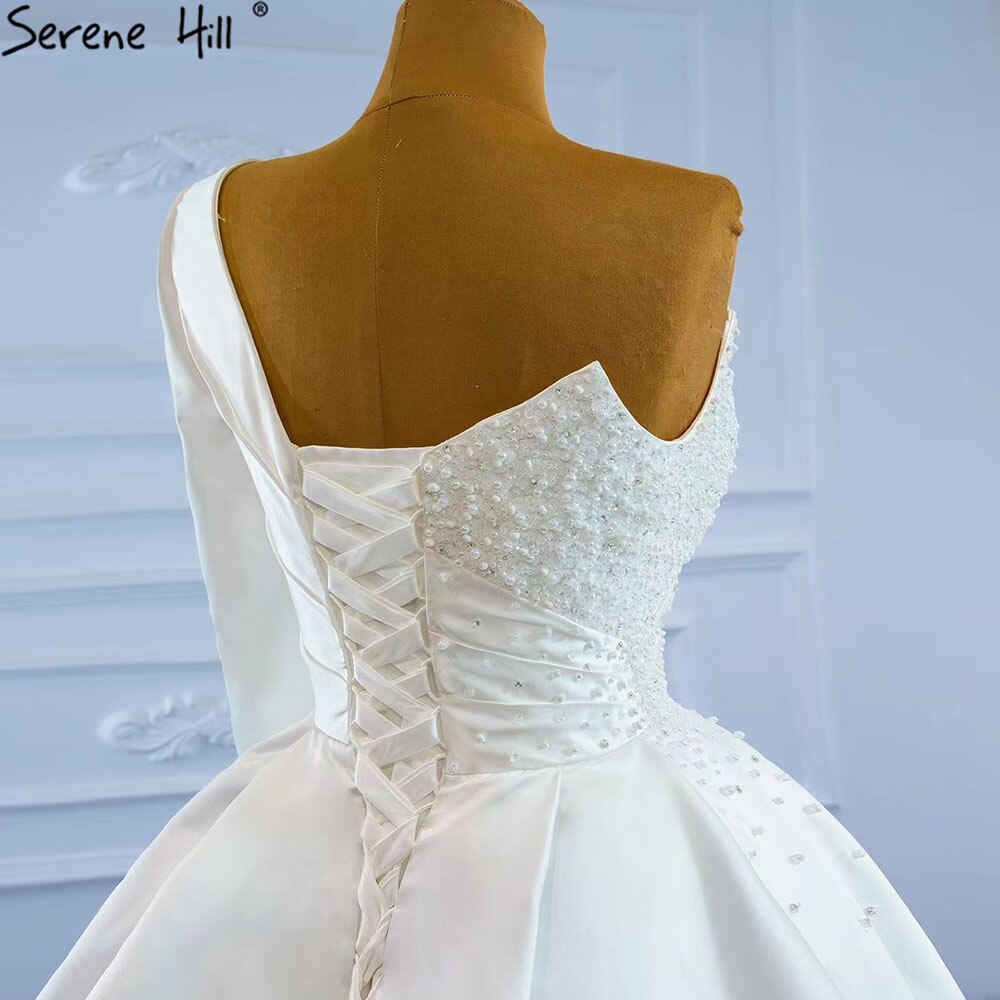 Serene Hill White Mermaid Satin Wedding Dresses 2025 Beaded Pearls Overskirt Sexy Bridal Dress HM67244 Custom Made - SERENE HILL