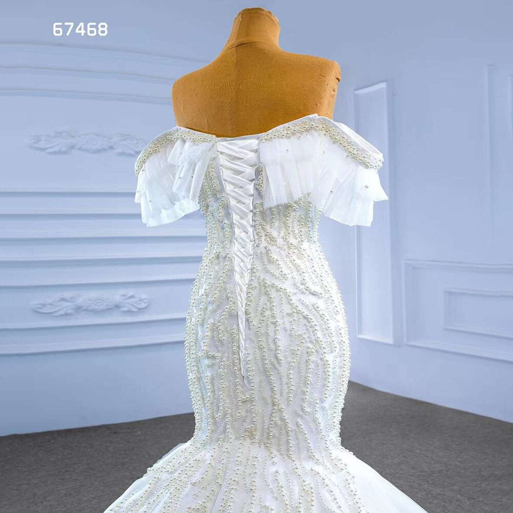 Serene Hill White Mermaid Sexy Off Shoulder Pearls Beaded Lace Up Bride Gowns Wedding Dress 2025 High End Custom Made HM67468 - SERENE HILL