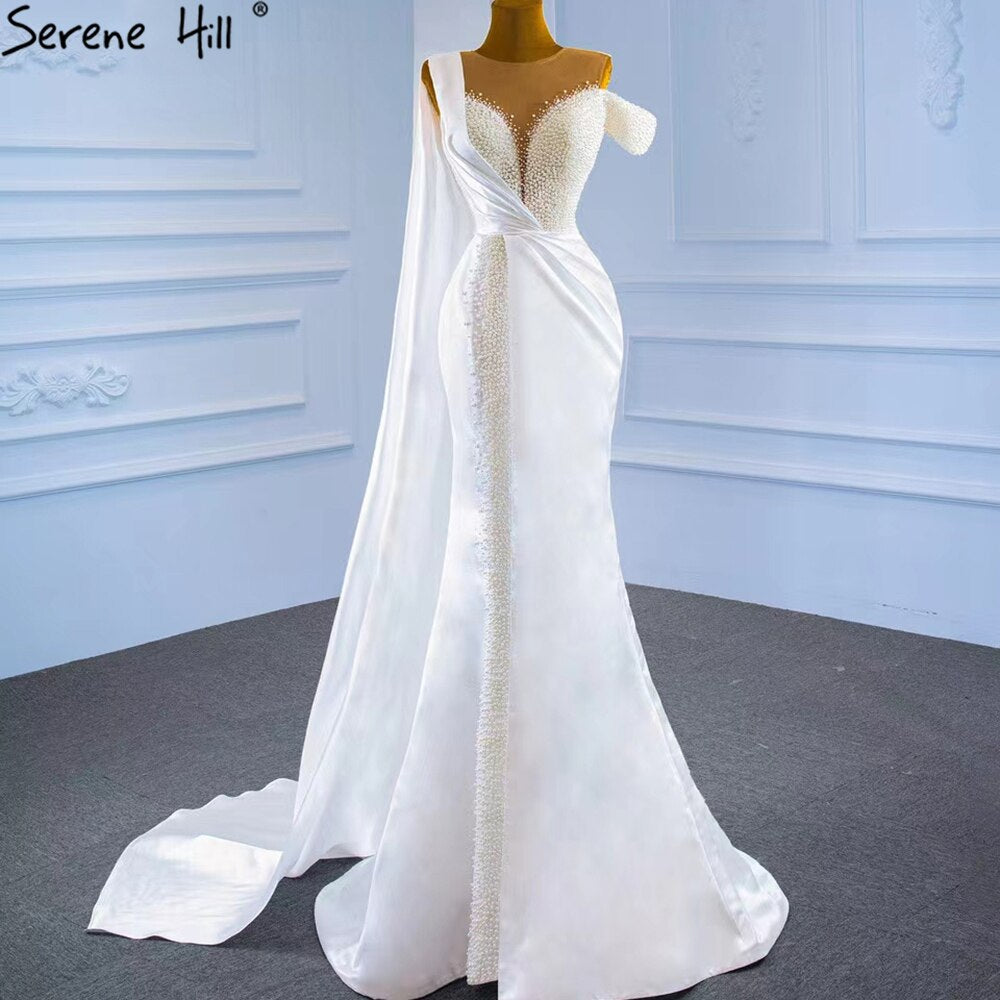 Serene Hill White Mermaid With Train Evening Dresses Gwons 2025 Satin Pearls Elegant Sexy For Women Party HM67238 - SERENE HILL