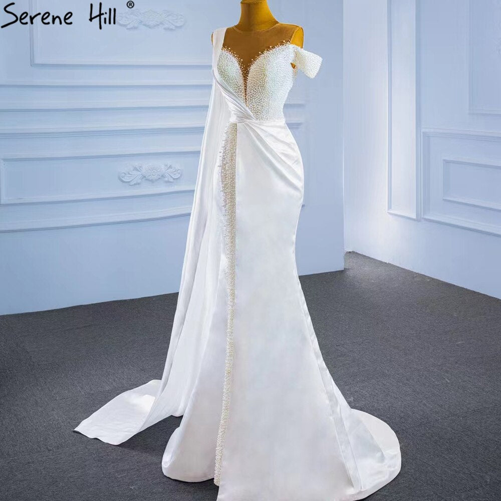 Serene Hill White Mermaid With Train Evening Dresses Gwons 2025 Satin Pearls Elegant Sexy For Women Party HM67238 - SERENE HILL