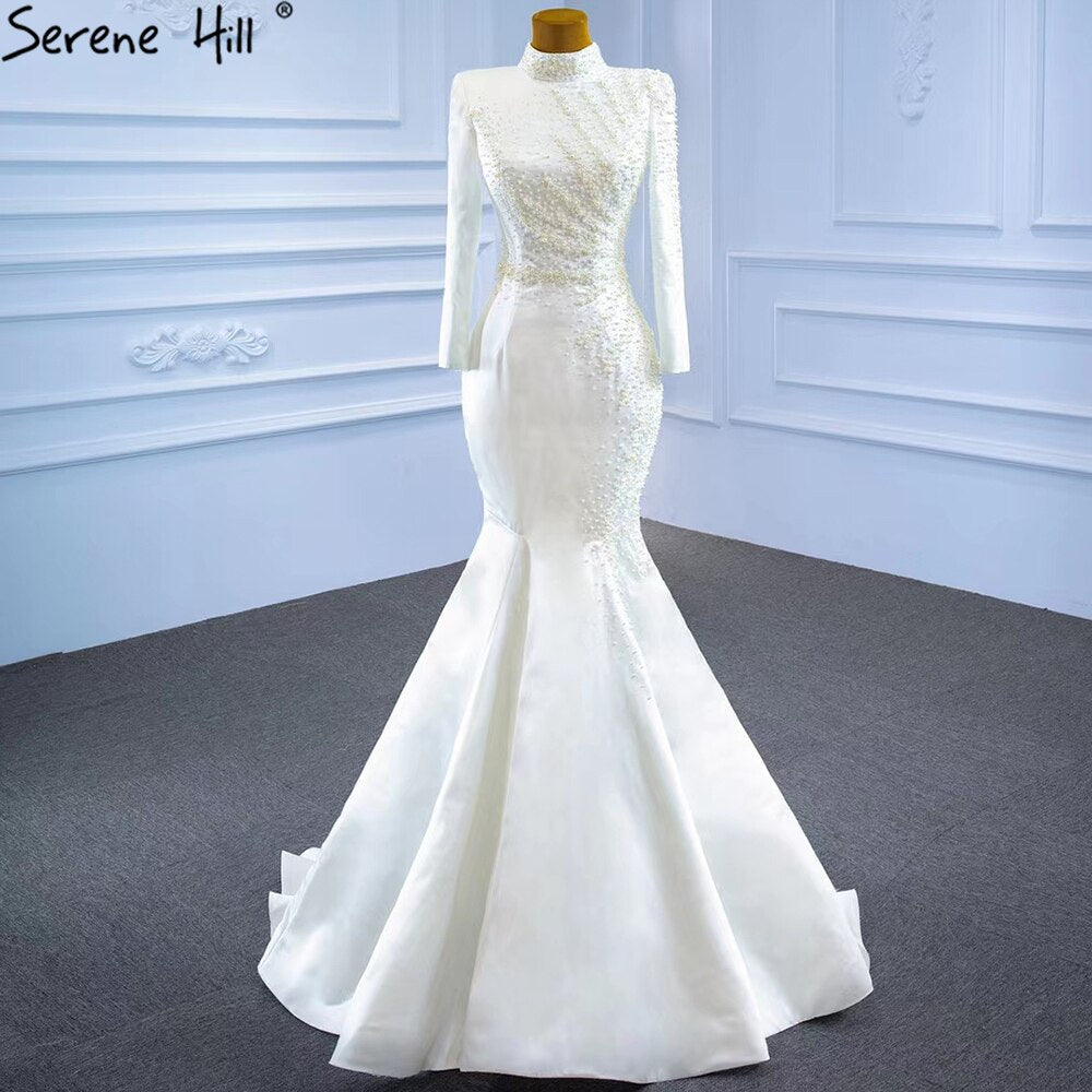 Serene Hill White Muslim Detachable Train Wedding Dresses 2025 Mermaid Elegant Beading Satin Bridal Dress HM67248 Custom Made - SERENE HILL