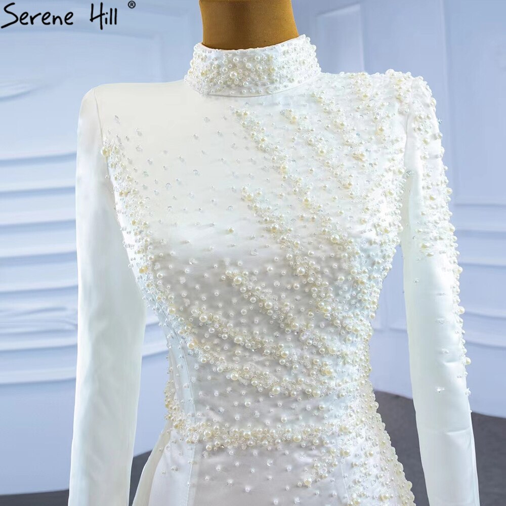 Serene Hill White Muslim Detachable Train Wedding Dresses 2025 Mermaid Elegant Beading Satin Bridal Dress HM67248 Custom Made - SERENE HILL