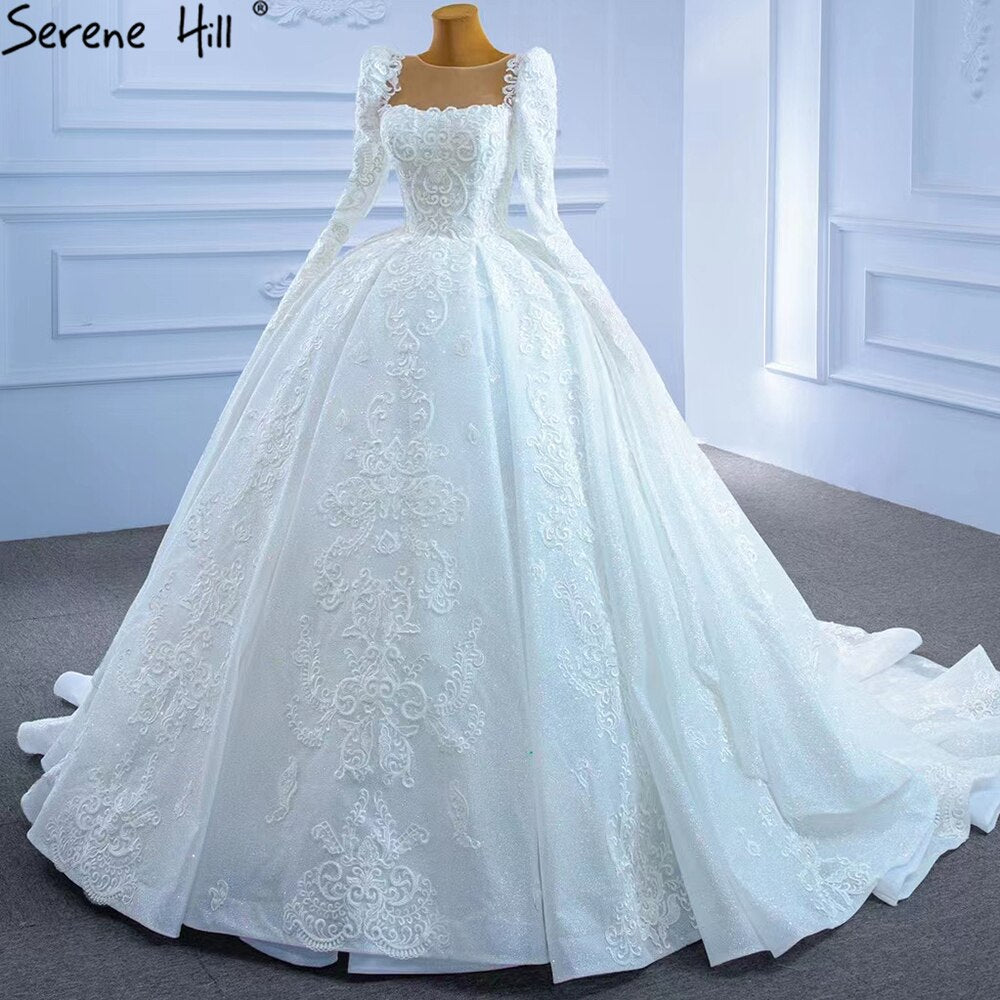 Serene Hill White Muslim Lace Beaded Wedding Dresses 2025 Luxury High-end Ball Gown Bridal Dress HM67258 Custom Made - SERENE HILL