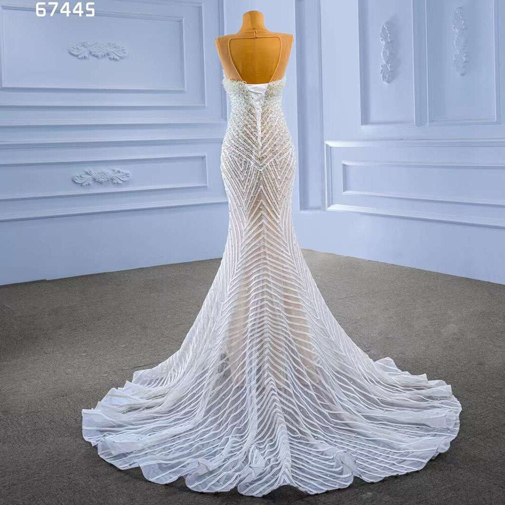 Serene Hill White Nude Elegant Mermaid High End Custom Made Pearls Luxury Beaded Lace Up Bride Gowns Wedding Dress 2025 HM67445 - SERENE HILL
