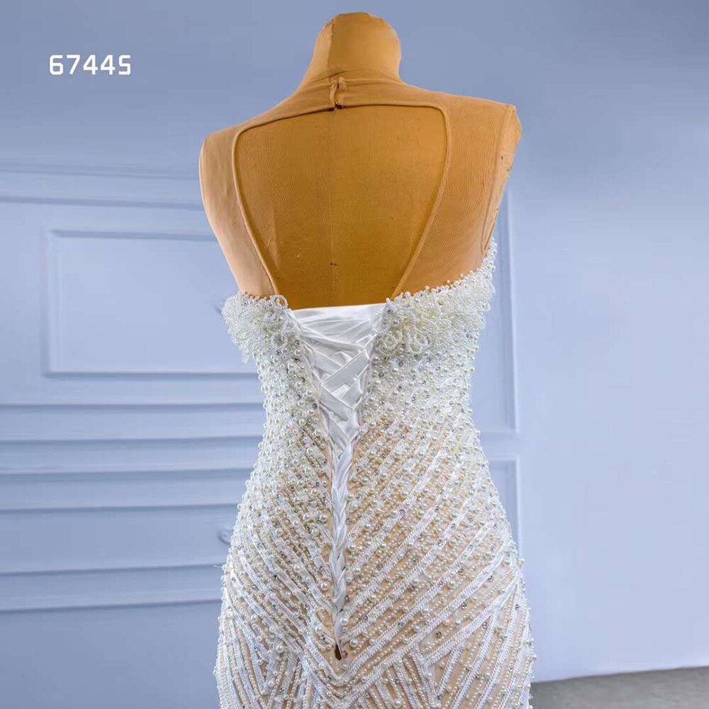 Serene Hill White Nude Elegant Mermaid High End Custom Made Pearls Luxury Beaded Lace Up Bride Gowns Wedding Dress 2025 HM67445 - SERENE HILL