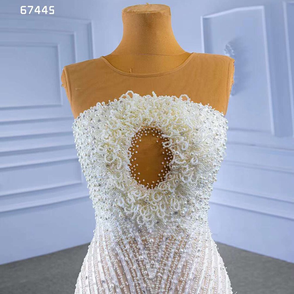 Serene Hill White Nude Elegant Mermaid High End Custom Made Pearls Luxury Beaded Lace Up Bride Gowns Wedding Dress 2025 HM67445 - SERENE HILL