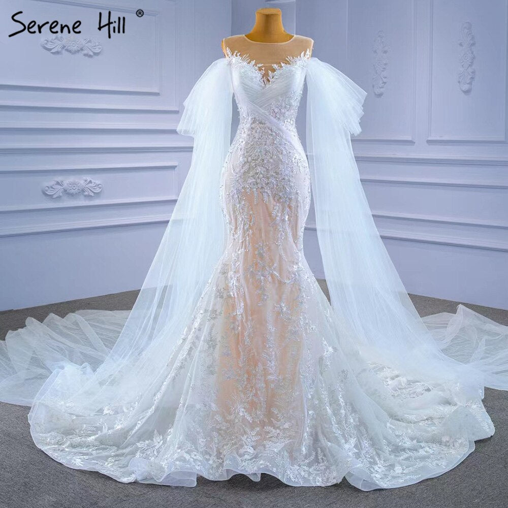 Serene Hill White Nude Mermaid Wedding Dresses 2025 Beaded Lace Elegant Cape Sleeves Bride Gowns HM67294 Custom Made - SERENE HILL