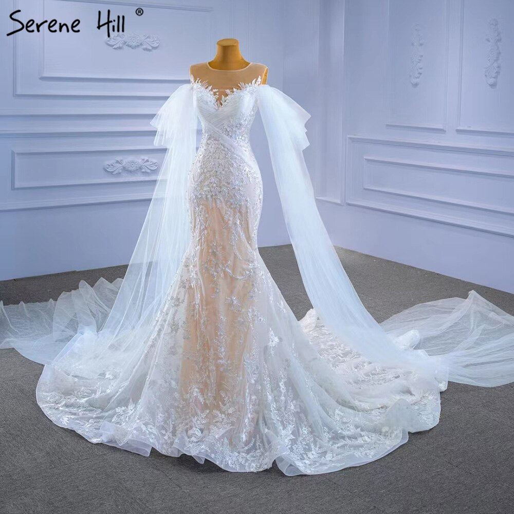 Serene Hill White Nude Mermaid Wedding Dresses 2025 Beaded Lace Elegant Cape Sleeves Bride Gowns HM67294 Custom Made - SERENE HILL