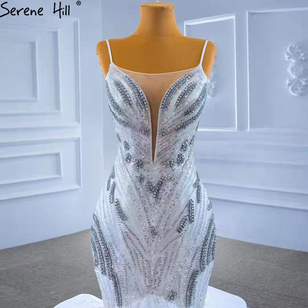 Serene Hill White Ruffles Beaded Luxury Wedding Dresses Gowns 2025 Spaghetti Straps Mermaid Elegant Bridal Dress HM67386 - SERENE HILL