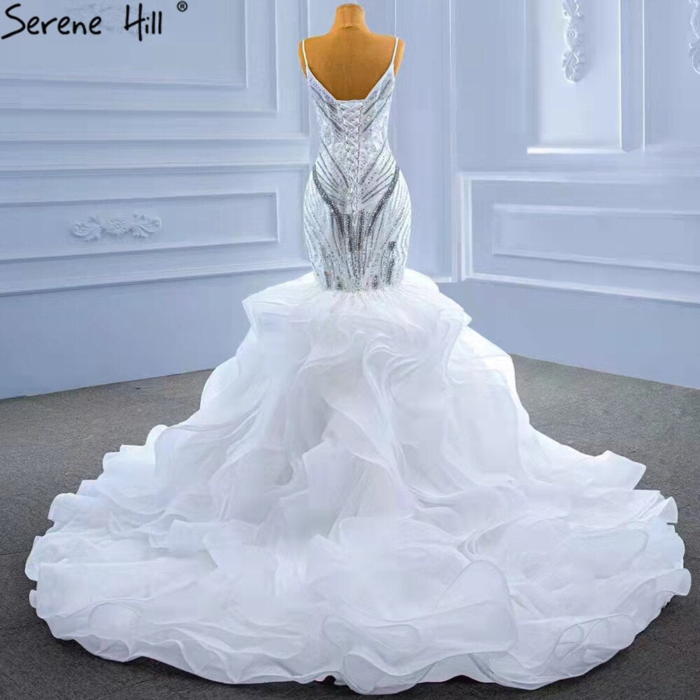 Serene Hill White Ruffles Beaded Luxury Wedding Dresses Gowns 2025 Spaghetti Straps Mermaid Elegant Bridal Dress HM67386 - SERENE HILL